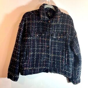 ZARA Sz S-M Trf Collection Black Plaid Wool Blend Metallic Snap Front Jacket